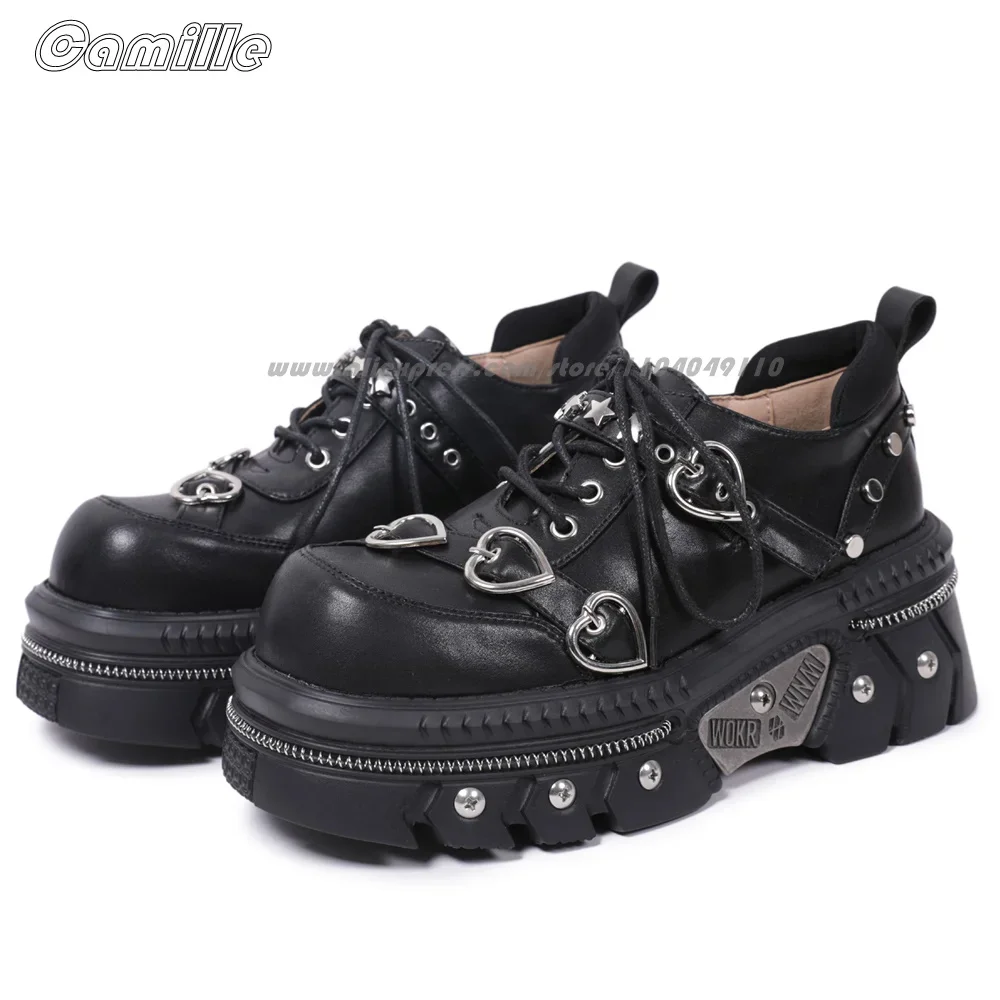 

Punk Style Metal Rivet Thick Sole Motorcycle Boots Round Toe Platform Front Modren Boots Size 35-40 All-Match Casual Boots