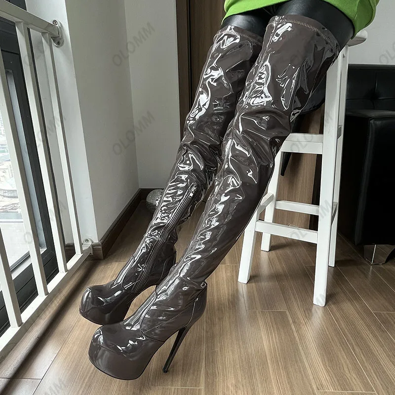 Olomm Wide Leg Customize Women Spring Stretch Thigh Boots Patent Stiletto Heels Round Toe Black Cosplay Shoes Plus US Size 5-20