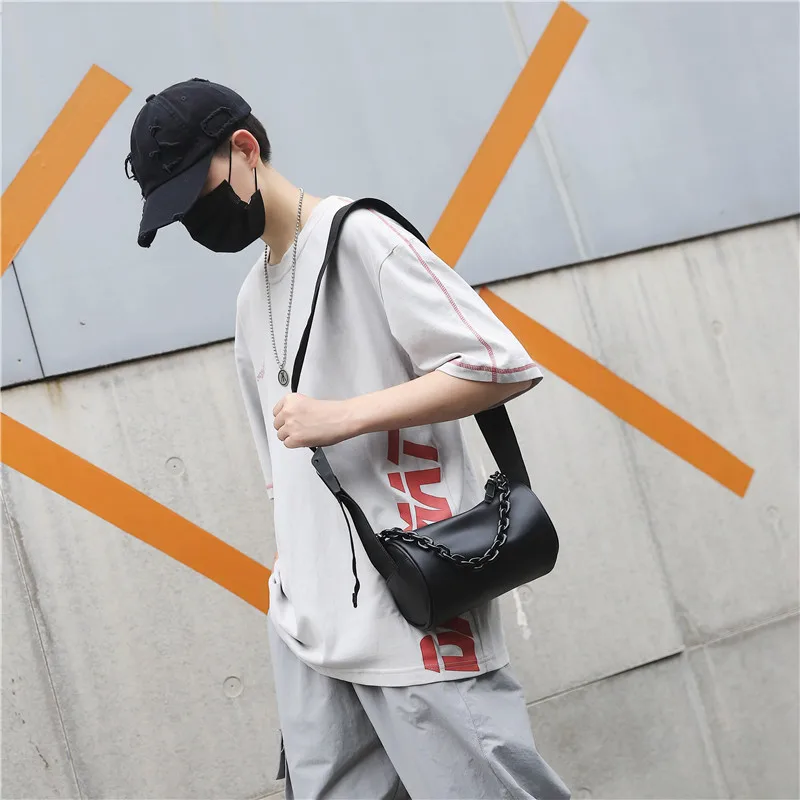 VC Minimal Street Trend Men\'s Shoulder Bag Fashion Chains Barrel-shaped Sling Bag Soft PU Leather Small Crossbody Bags for Men