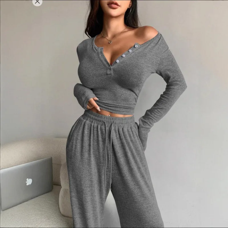 Two Piece Set Womens 2026 New Short Style Slim Fit V-neck Buckle Long Sleeved T-shirt Base Shirt Wide Leg Pants Long Pants Set