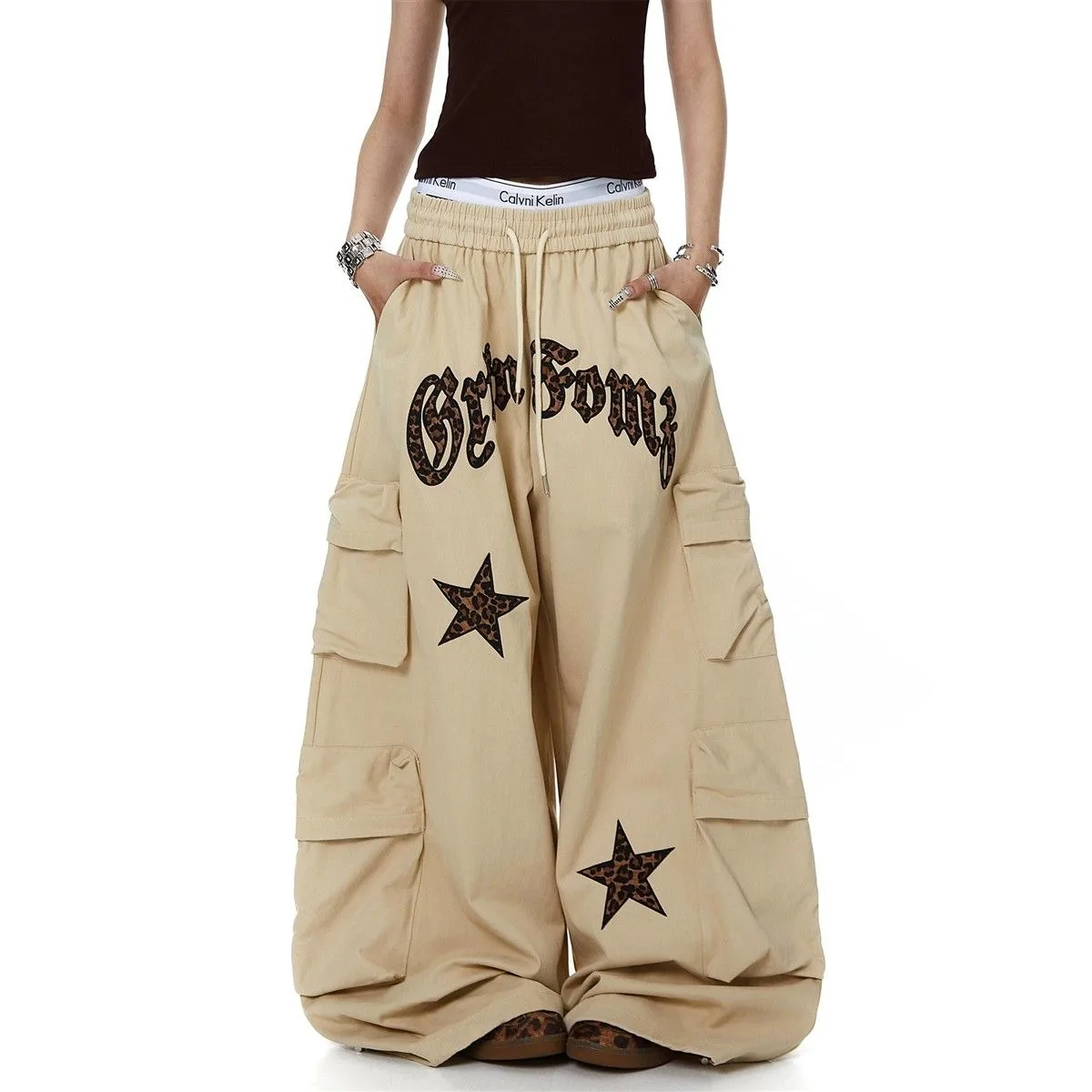 American Leopard Letter Embroidery Multi Pocket Straight Leg Work Trousers Loose Wide Leg Pants for Men And Women Casual Style