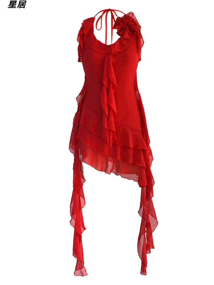 Women Group Kpop Dance Outfit Red Backless Halter Sling Floral Dress Jazz Dance Clothes Stage Singer Costume Hip Hop Dance Suit