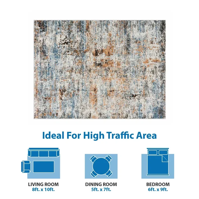 Abstract Distressed Blue Orange Area Rug, Non-Slip Washable Modern Art Carpet for Living Room Bedroom, Stain Resistant Indoor - view 4