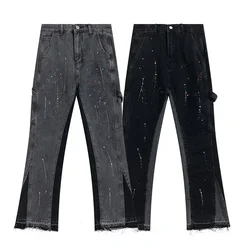 Y2K retro splicing washed jeans men's high street spotted pants slightly tattered casual pants casual hip hop high street