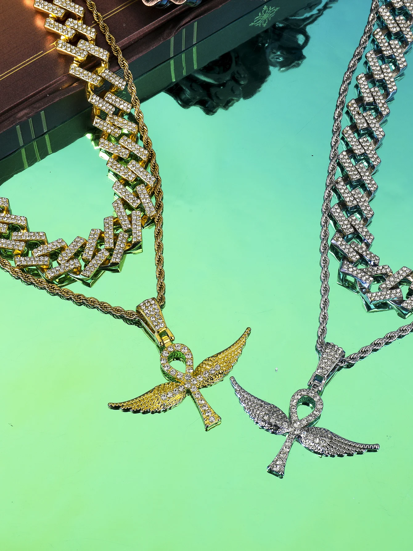 

"Angel's Wing" Angel's Key Hip-Hop Trend Jewelry Cuban Chain Precise Crystal Setting Unisex Couple Style