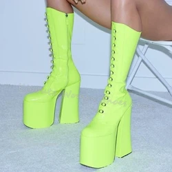 Belt Buckles Platform Boots Knee High Genuine Leather Solid Color Side Zipper Round Toe Chunky Heels Super High Women Shoes New