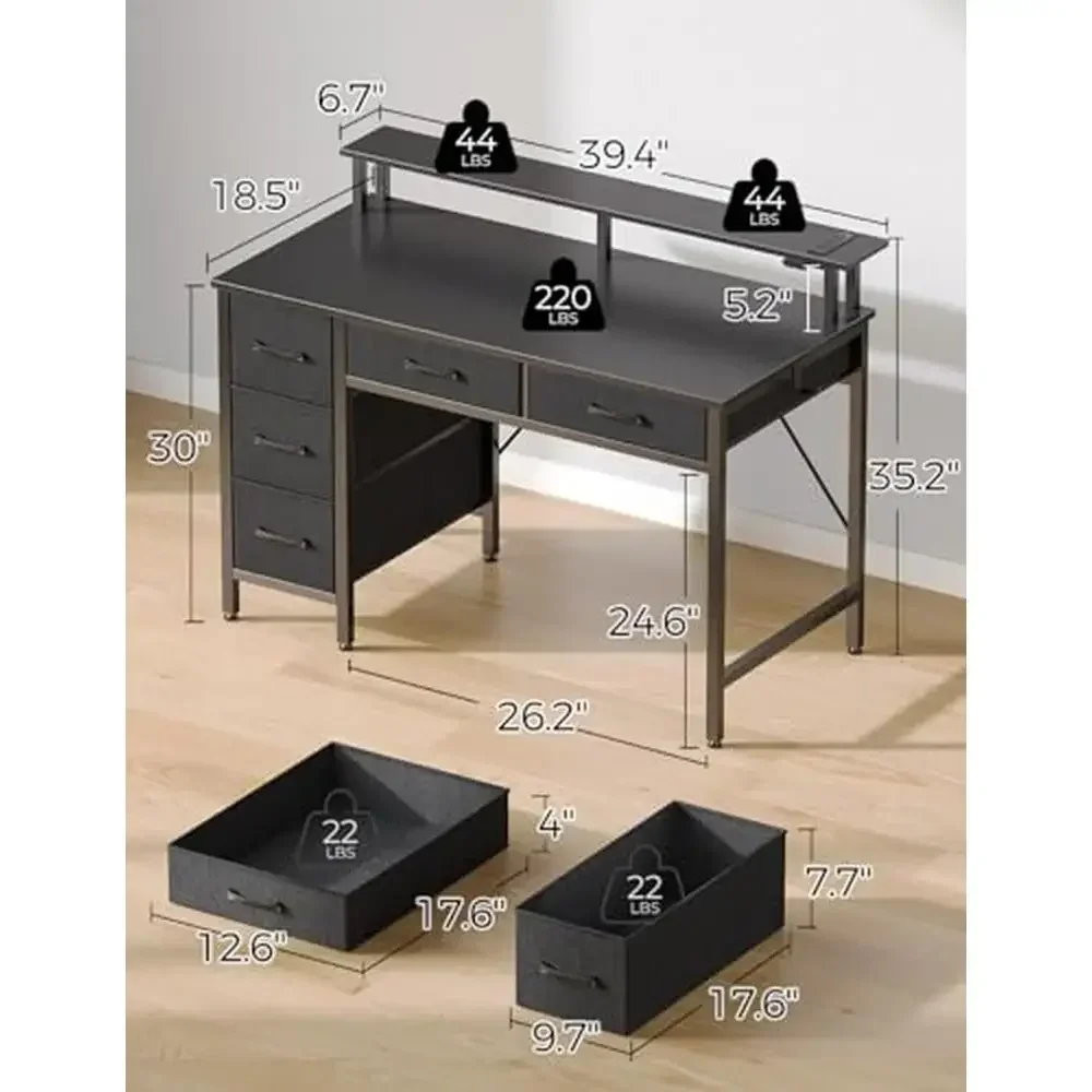 Desk with Power Outlets & LED Light 39" Home Office Writing Desk 5 Drawers Monitor Stand Keyboard Tray Gaming Desk Top Organizer