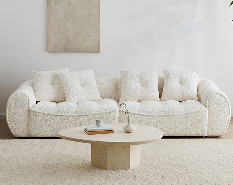 Light French cream style, lamb wool cloud sofa, small apartment living room, three-person tofu block straight row sofa