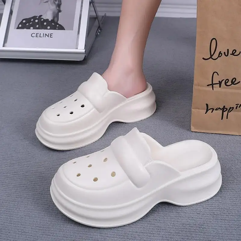 New Women's Hole Shoes Summer EVA Thick Sole Elevated Sandals Comfortable Anti Slip Baotou Beach Garden Shoes Indoor Slippers