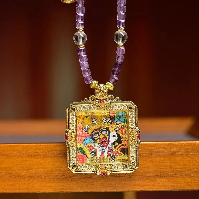 Thangka Zaki Lam, hand-painted, depicting past and present lives of Mahakala, small pendant Buddha amulet, copper-plated