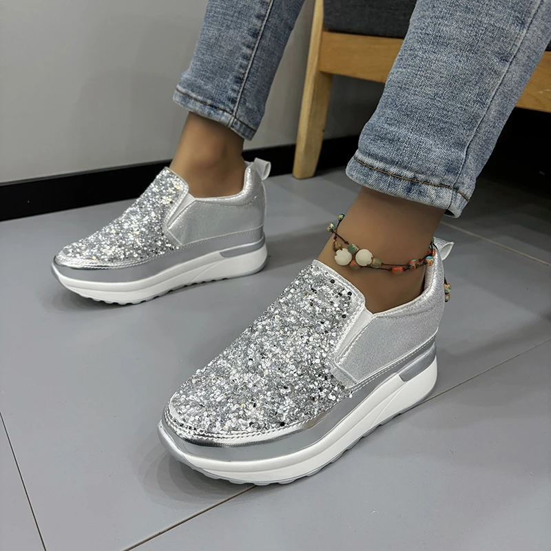 2024 Spring and Autumn Women\'s Loafers Silver Sneakers Rhinestone Platform Shoes Inner Heightening Sneakers Zapatos De Mujer