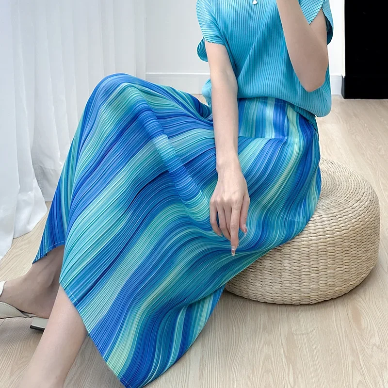 Miyake Style Skirt Women's Fashionable Temperament Versatile Niche Print Slim Slim Pleated Skirt 2024 Summer New Style