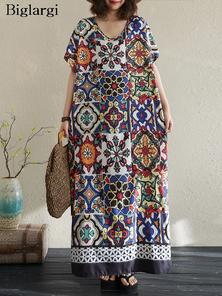 Übergroßes Sommerkleid mit V-Ausschnitt für Damen, geometrischer Blumendruck, modische Damenkleider, lässig, lockere Rüschen, A-Linie, langes Kleid