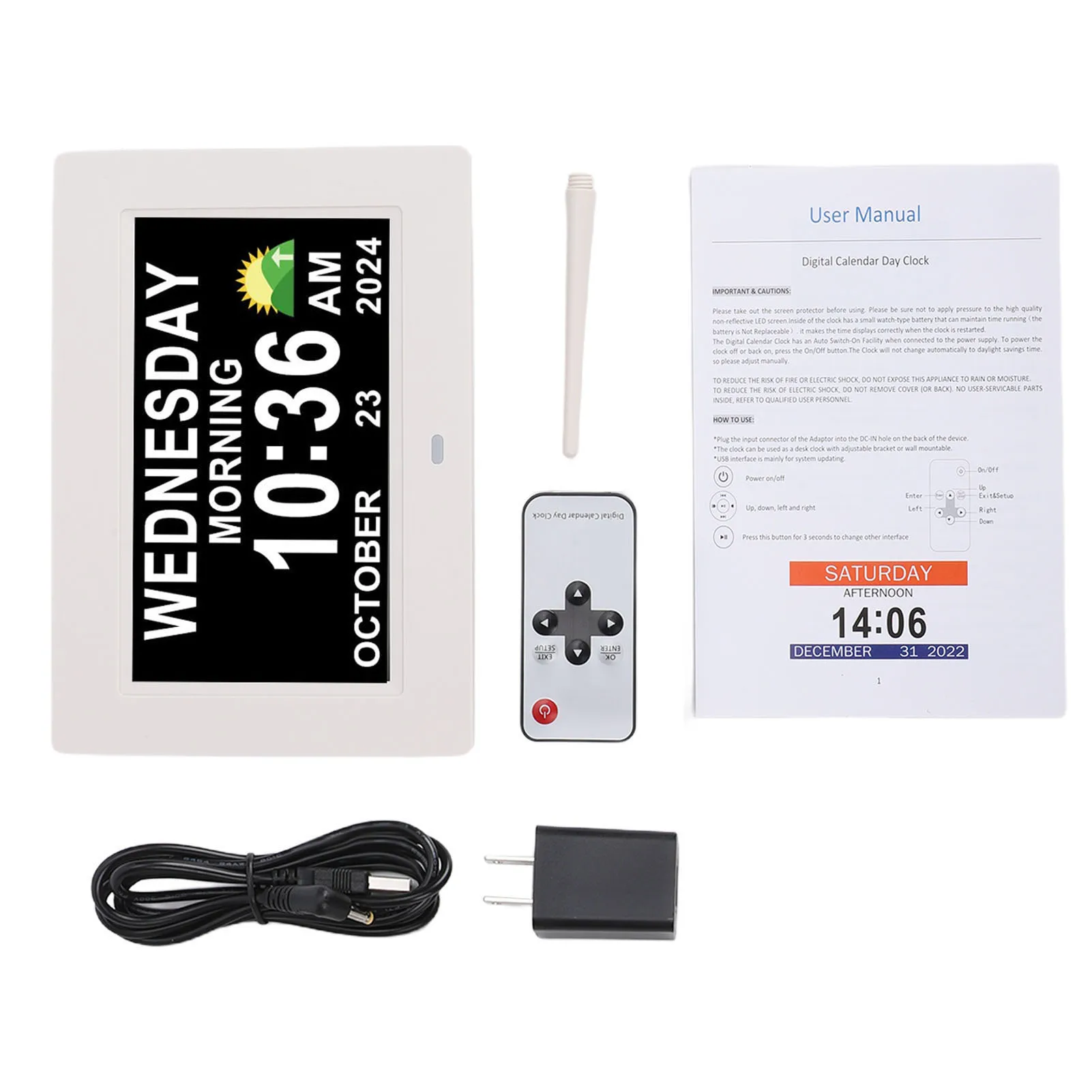 

Цифровые часы с пультом дистанционного управления, 7-дюймовые цифровые часы-календарь с отображением дня и даты, большой дисплей, напоминание о времени, напоминание о приеме лекарств, белый цвет