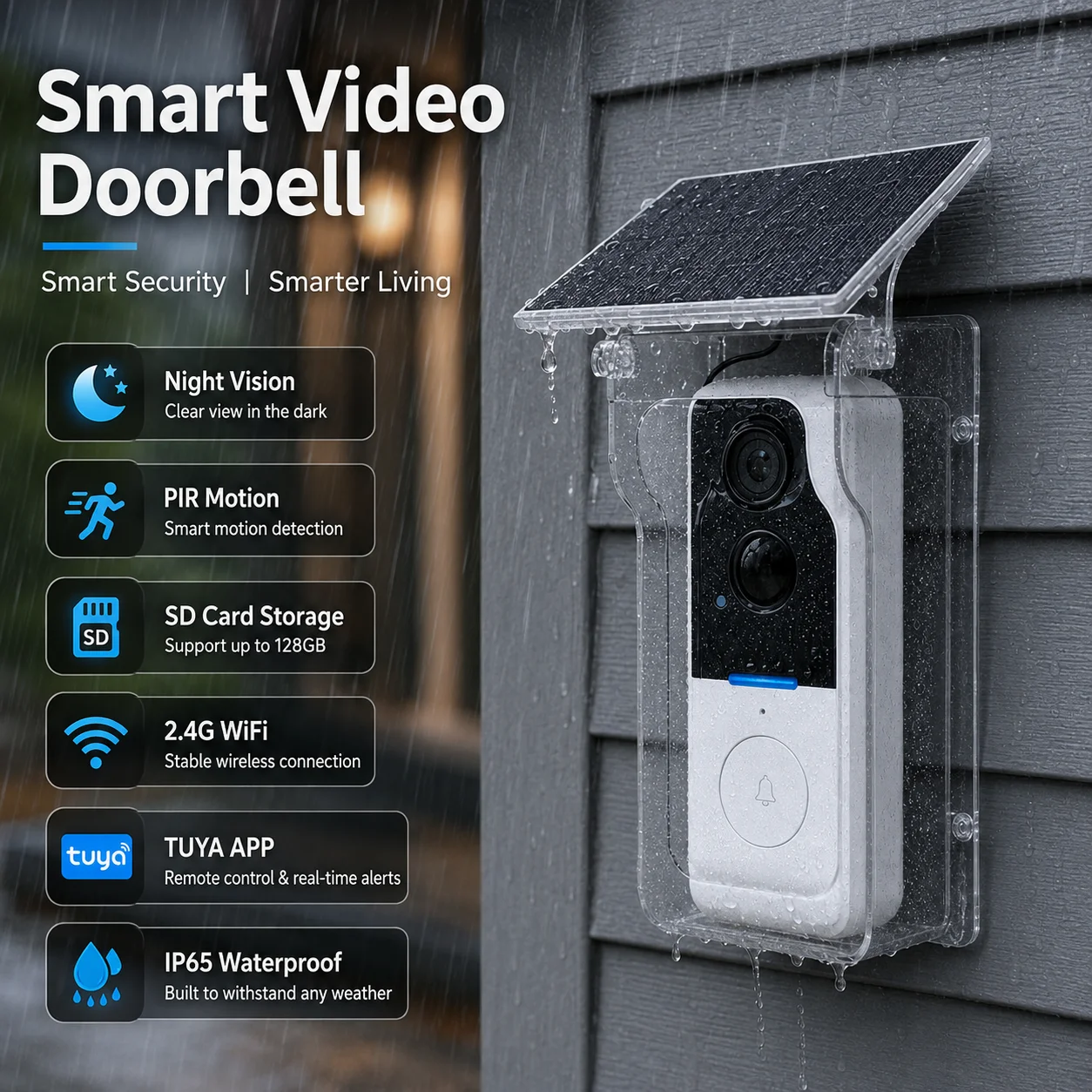 TUYA HD Wireless WIFI Doorbell Camera Solar‑Powered IP65 Waterproof 120° Wide‑Angle Detection Two‑Way Intercom Outdoors