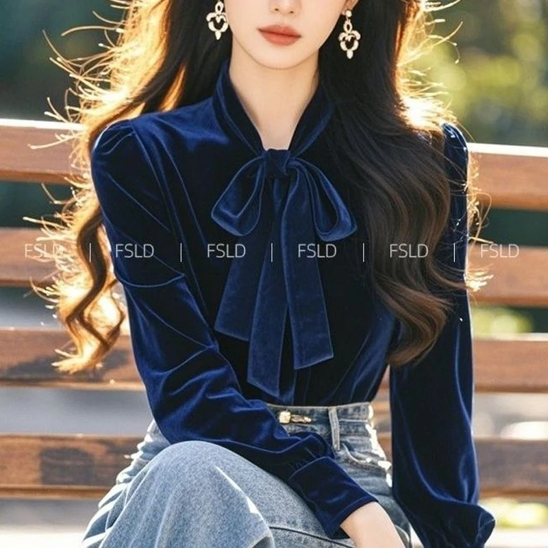 Vintage Blue Velvet Shirt Tops Spring Autumn Long Sleeve Bow Lacing All-match Temperament Blouse Office Elegant Women Clothing