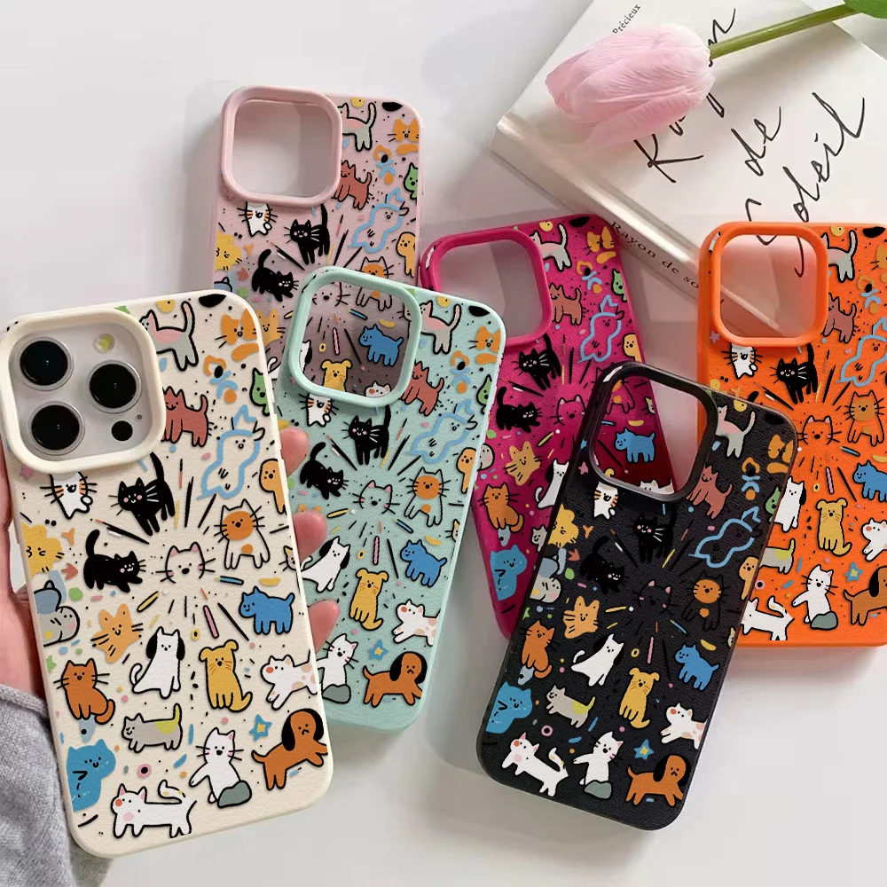 Cat Dog Graffiti Lichee leather pattern Phone Case For Samsung S26 S25 S24 S23 S22 S21 S20 S10 Plus Ultra 4G 5G Shockproof Cover