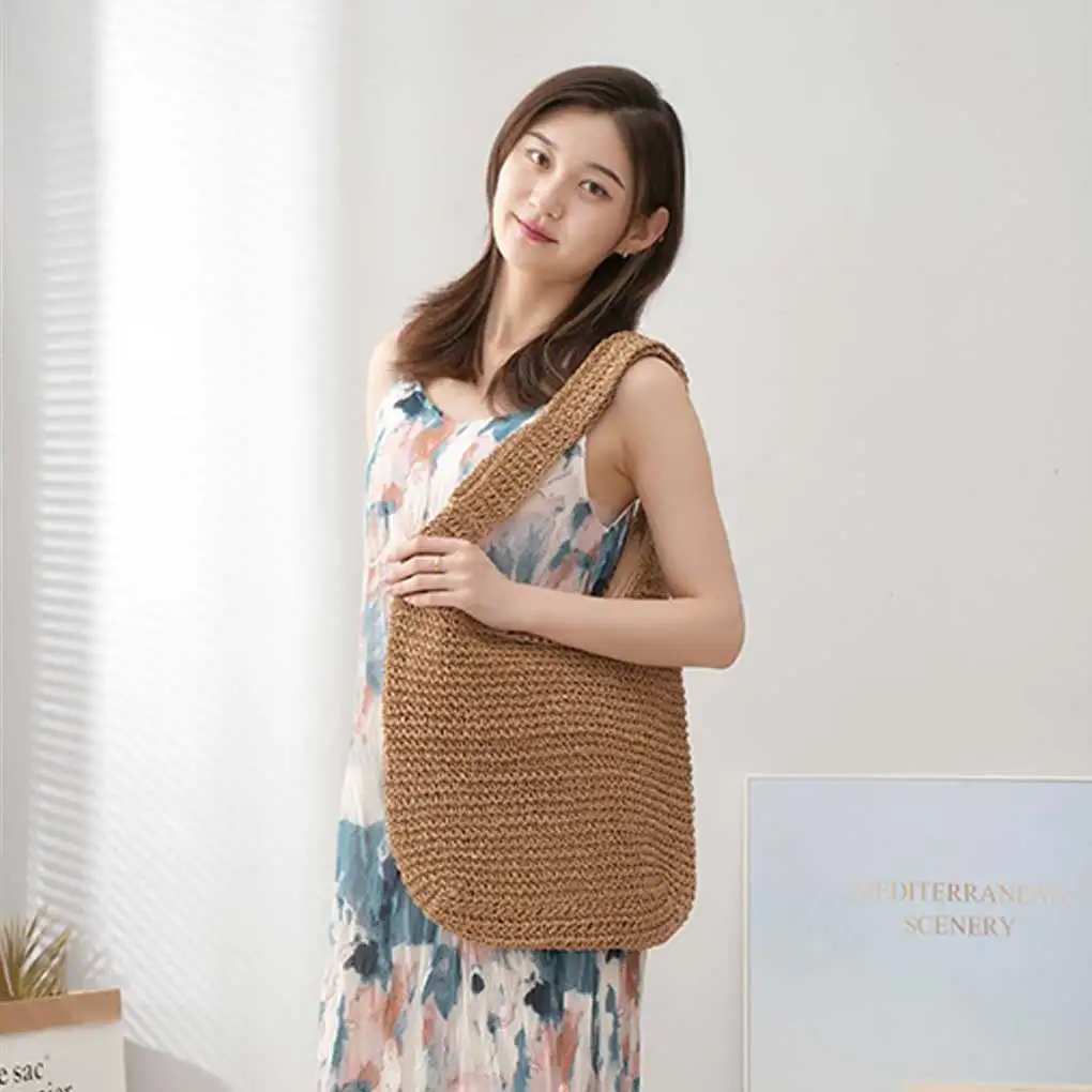 Straw Braided Woman Basket Bag Portable Reusable Casual Stylish Solid Color Zipper Pocket Outdoor Walking Shoulder Bags