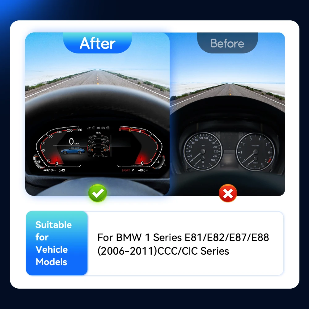 XONRICH Car Digital Dashboard For BMW 1 Series E81 E82 E87 E88 2006 -2015 Full LCD Instrument Display Virtual Speedometer