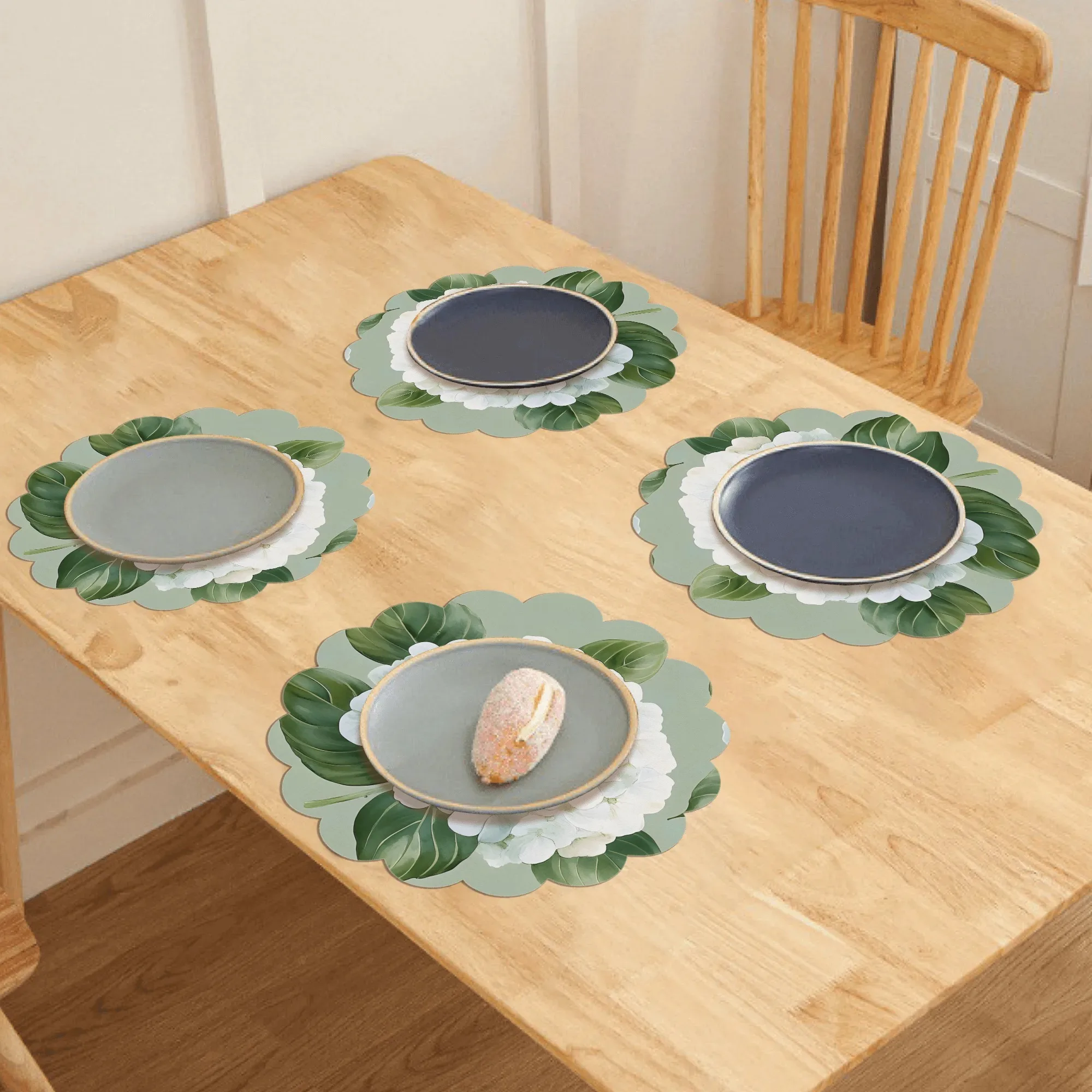 VIKAMA French Hydrangea Round Placemat Waterproof Oil-Resistant Easy to Clean Fresh Green  White Nordic Style Table Mat