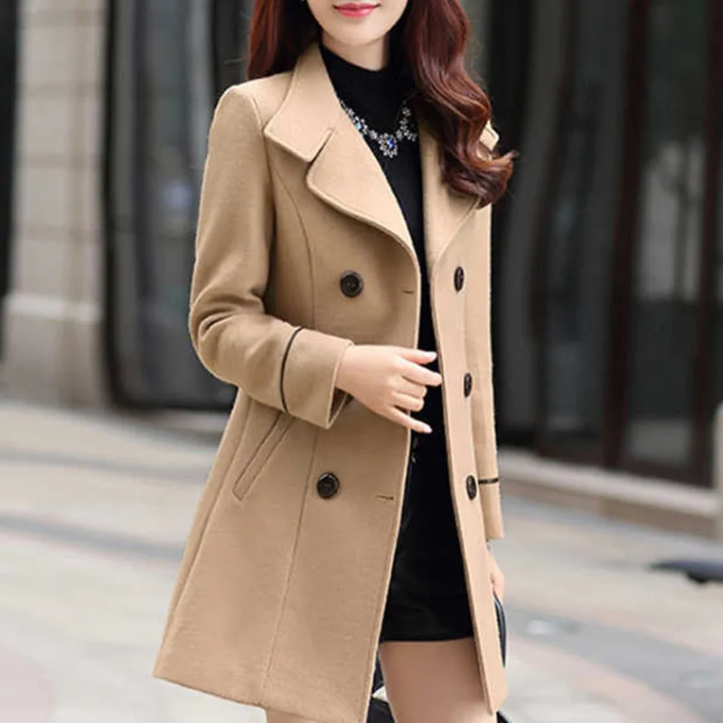 Autumn Winter Plus Size Jacket Womens Double Breasted Solid Color Coat Korean Slim Female Woolen Jacket Womens