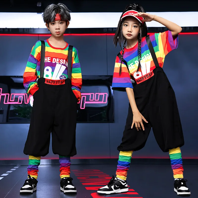 

Kid Cute Hip Hop Clothing Rainbow T Shirt Black Casual Jogger Bib Pants Overalls for Girl Boy Jazz Dance Perform Costume Clothes