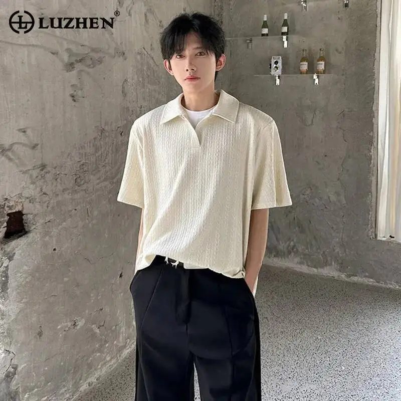 LUZHEN T-shirts Short 2026 Solid Color Summer Sleeve Weave Textured Men's Lapel Original Korean Casual Handsome Pullover JY8046