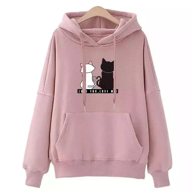 Fall/Winter 2023 new cute cat dropped shoulder hooded sweatshirt  fleece loose pullover top