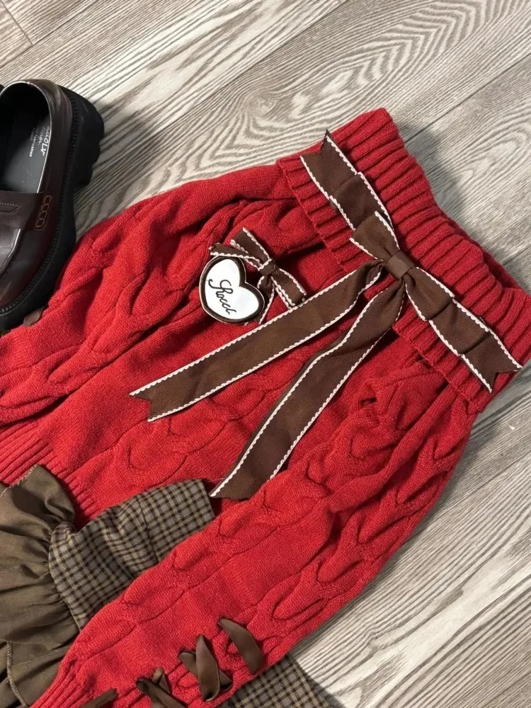 Pulover Rajutan Merah Lengan Panjang Bahu Terbuka Pita + Rok A-line Renda Pinggang Tinggi Y2k Set Dua Potong Baru Musim Semi Musim Gugur