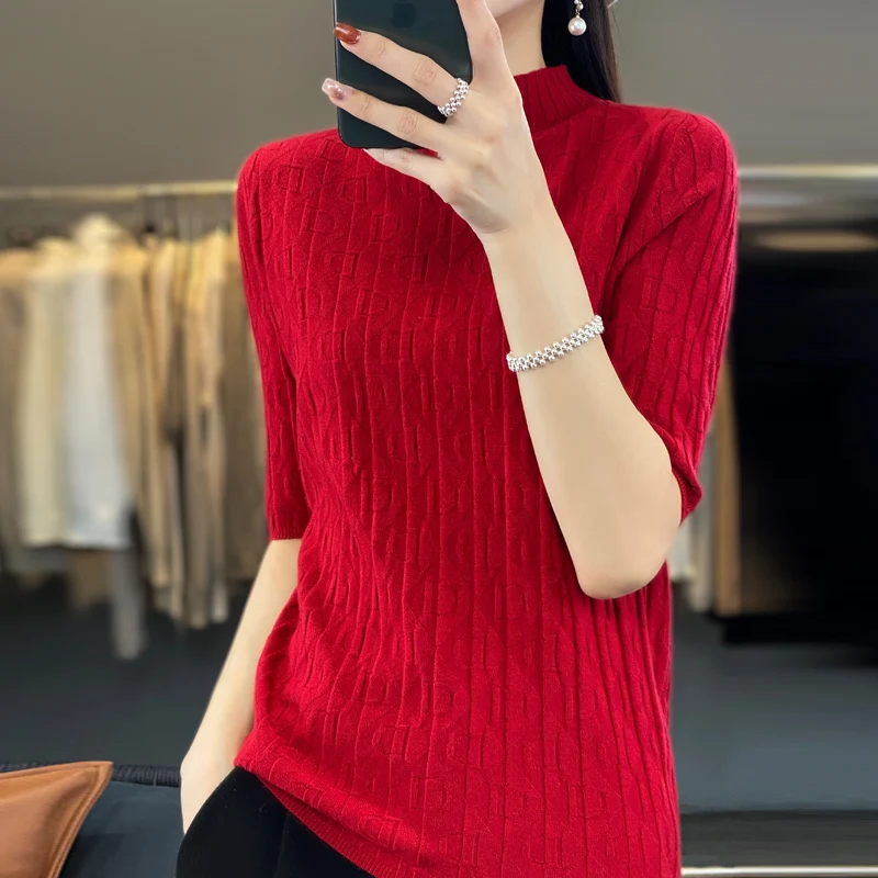 2023 spring, summer and autumn new women\'s pullover cashmere fashion letter five-quarter sleeve casual half-high collar fashion