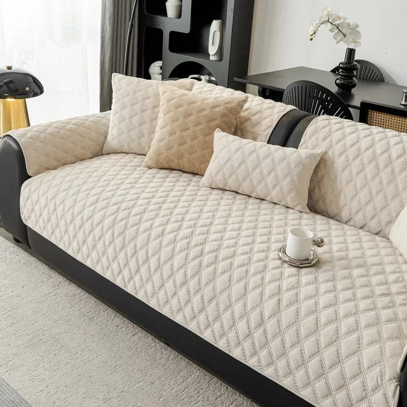 Thickened Plush Sofa Cushion Cover Diamond Quilted Warm Heat Retaining Anti Scratch Non Slip Protector Seat Cover for Couches