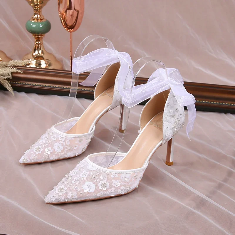 2024 Summer French Beads Bridesmaid Sandals Women's White Lace Strap Pointed High Heels Wedding Shoes