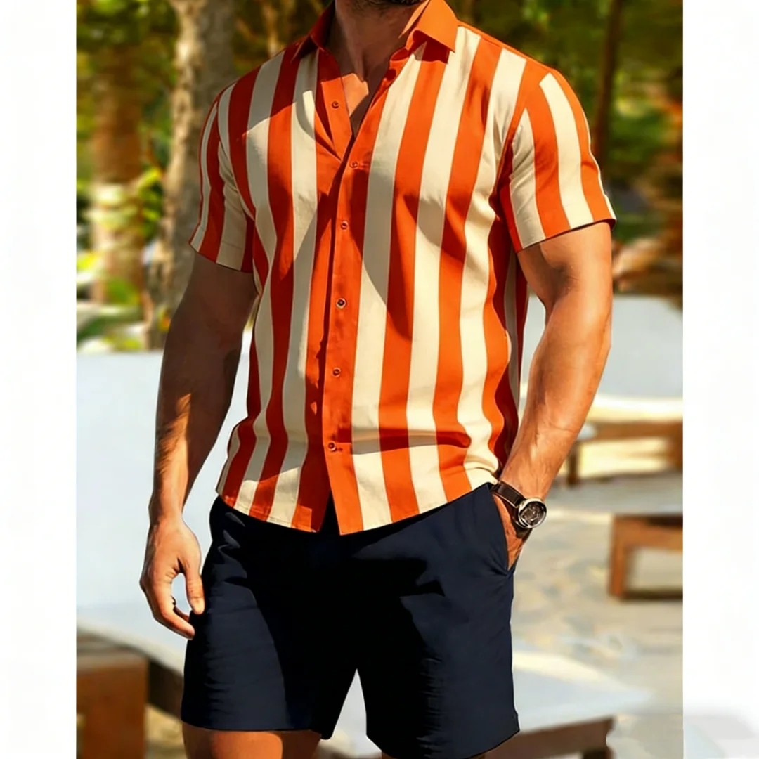 Fashion New Mens' 2-piece Sets Simple Style Shirts Shorts Outfits 3D Stripe Printed Short Sleeve Sets Summer Casual Shirts Suits