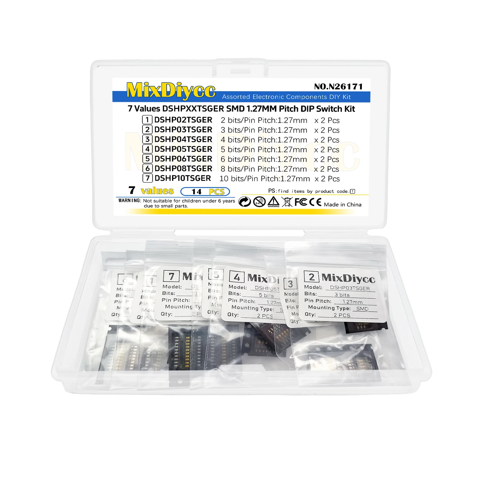 7 Values 1.27mm SMD DIP Switch Kit 2/3/4/5/6/8/10 bit bits DSHP02TSGER DSHP04TSGER DSHP05TSGER DSHP06TSGER DSHP08TSGER 14Pcs