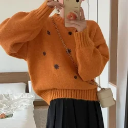 Pullovers Women Clothing O Neck Long Sleeve Sweaters Knitted Jumper Casual Basics Autumn Loose Fit Thick Embroidery 2024