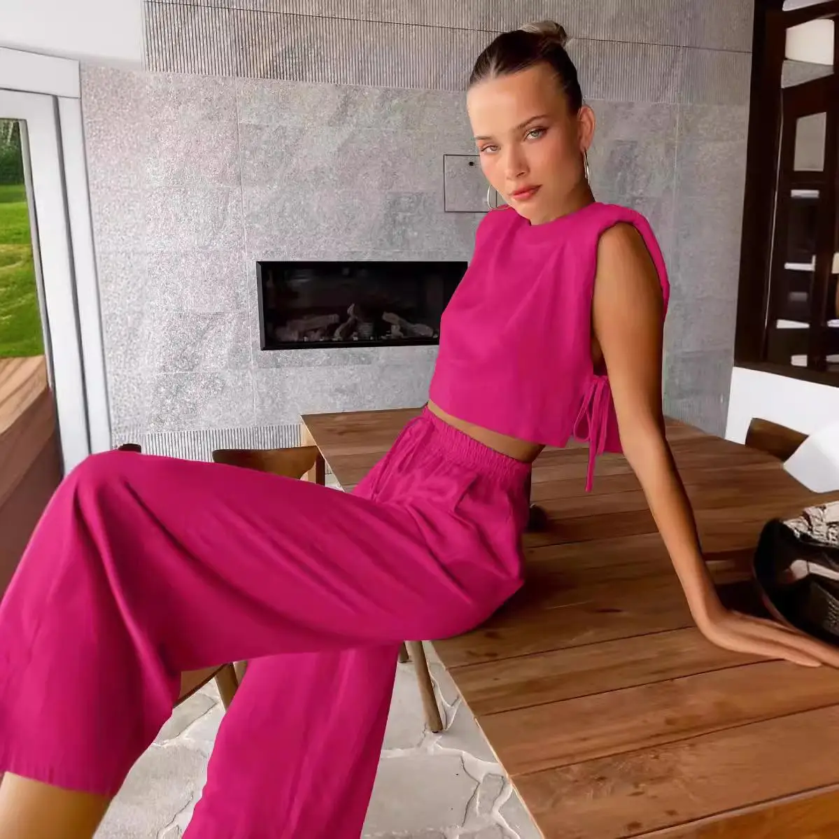 レディース綿麻セット、パッド入り肩、エレガントな春ファッション、ツーピーススーツ、ロングパンツ、ノースリーブ、無地