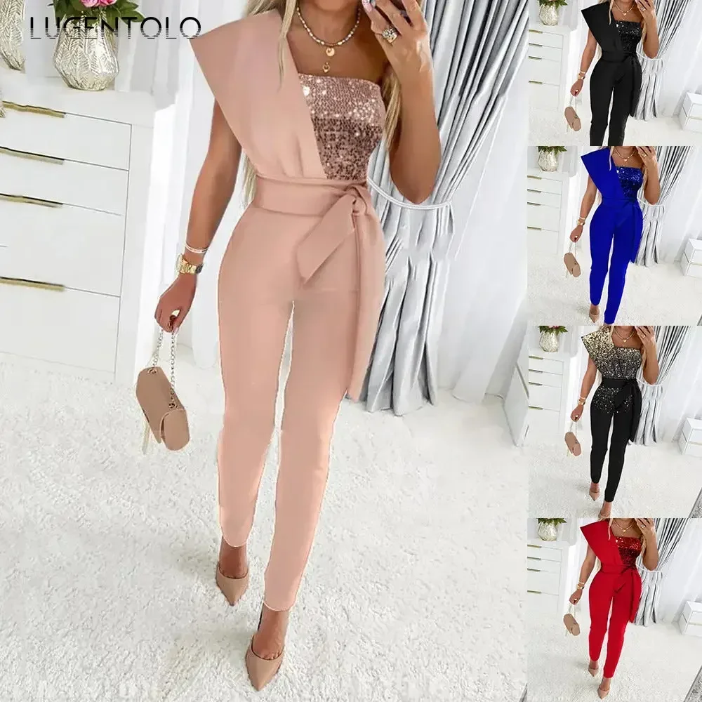 Women Fashion Jumpsuits Sequins One Shoulder Party Sexy Lady Stylish Patchwork Sleeveless Spring Summer Long Jumpsuit Lugentolo