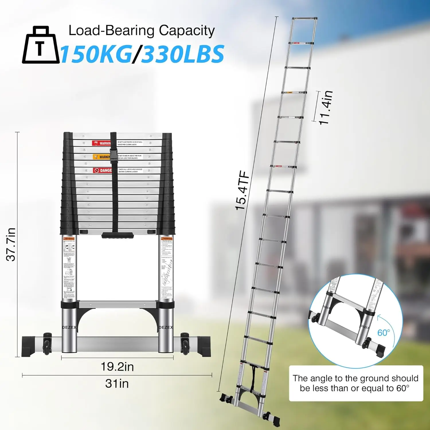 15.5 FT Ladders Stainless Steel - One-Button Retraction Collapsible Extension Ladder for Home,RV,Loft, Lasts 375 LBS with 2 Tria