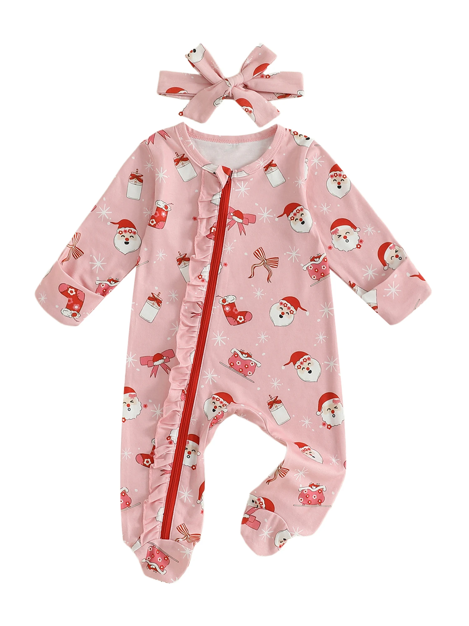 

Детский рождественский комбинезон с длинными рукавами и принтом Санта-Клауса, с круглым вырезом и косой молнией.