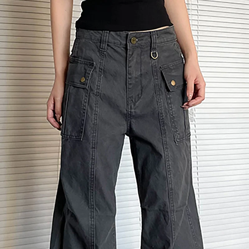 กางเกงขายาวลำลองทรงตรงสำหรับผู้หญิง สไตล์ไฮสตรีท แฟชั่นฤดูใบไม้ผลิและฤดูร้อน เอวสูง ดีไซน์ทันสมัย มีซิปและกระเป๋าหลายช่อง