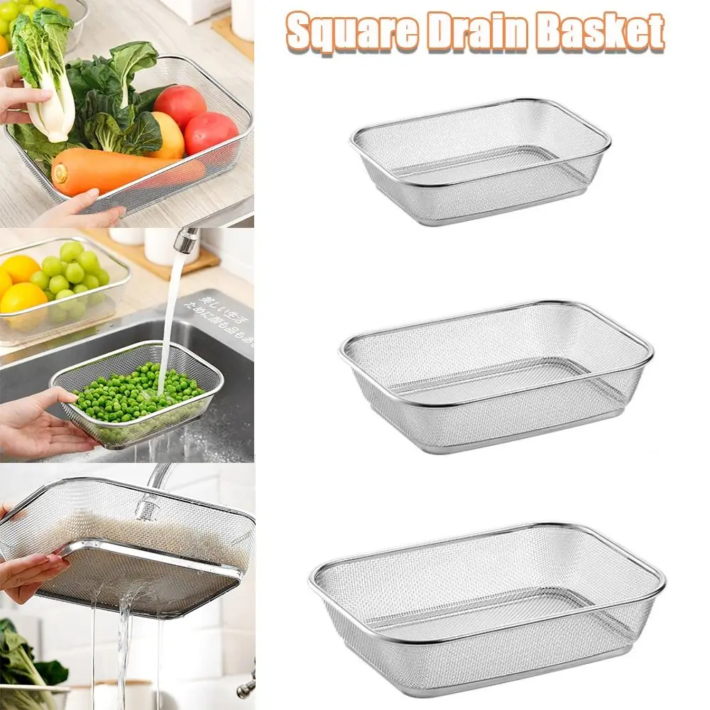 Ins Square Drain Basket Stainless Steel Thickened Fruit Snack Plate Hollow Out Rice Washing Basin