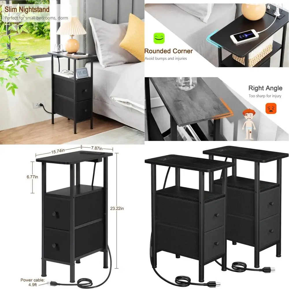 

Компактные прикроватные тумбочки для небольших помещений, набор из 2-х приставных столиков для гостиной, узкие тумбочки с тканевой обивкой, тонкие придиванные столики