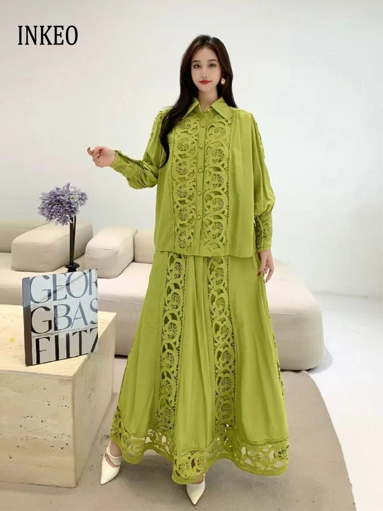

Vintage Beach 2 Piece set Women 2025 New Lace patchwork tops shirt and elastic waist long skirt Outfit Solid INKEO 5T179