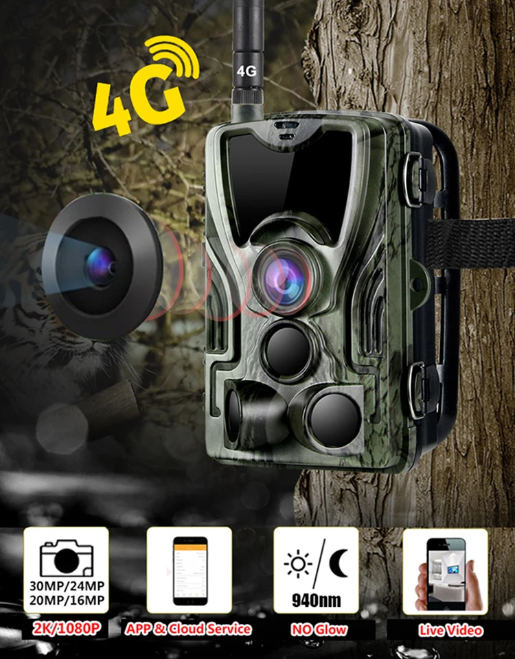 Free APP Control Cloud Service 4G Trail Camera 2K 30MP Wildlife Hunting Surveillance Night Vision Wireless Cameras HC801Plus