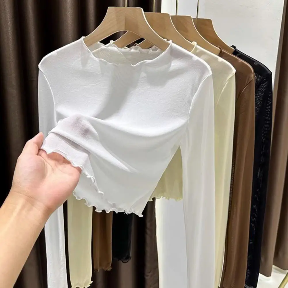 Atasan Dalam Pelindung Matahari Atasan Lengan Panjang Perspektif Jaring Musim Panas Wanita Bergaya untuk Perlindungan Matahari Pakaian Sehari-hari Leher Bulat