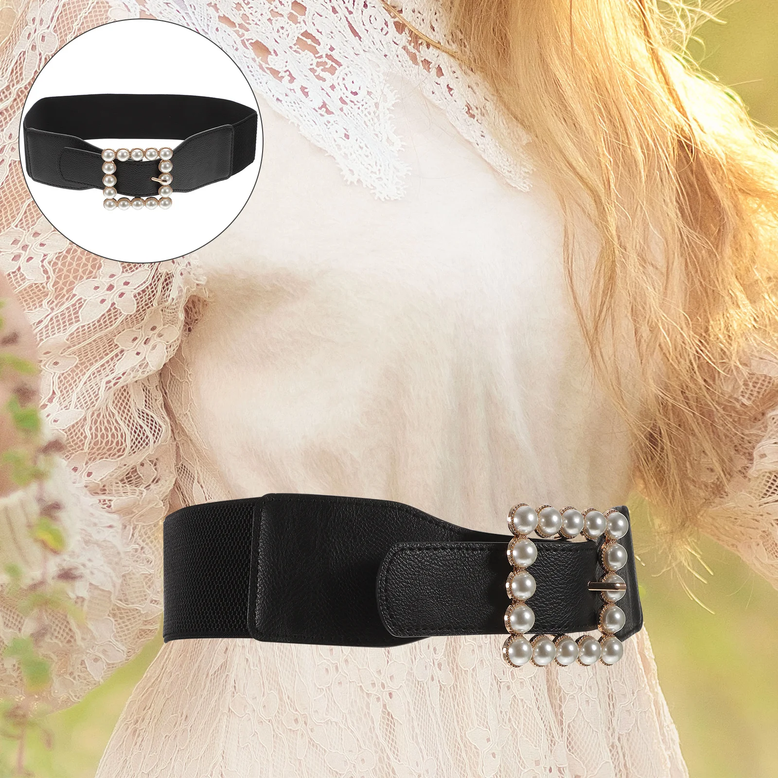 

Black Pearl Waist Belt Square Buckle Fashion Elastic Cummerbund Decorative Waist Corset Belt for Jeans Dresses Shorts