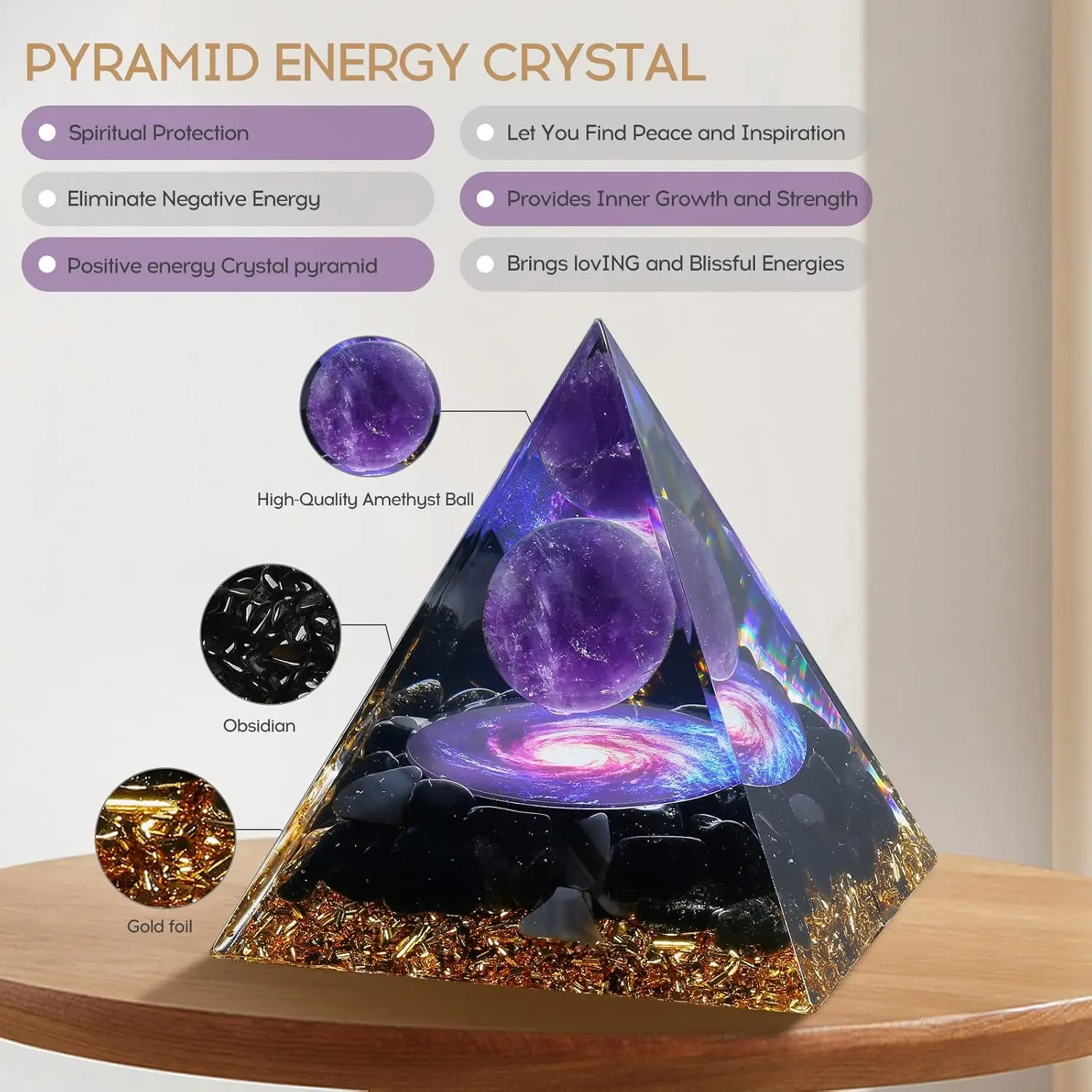 Orgone Pyramid for Positive Energy, Orgonite Amethyst&Obsidian Healing Crystal Pyramids for Reduce Stress Chakra Reiki Meditatio