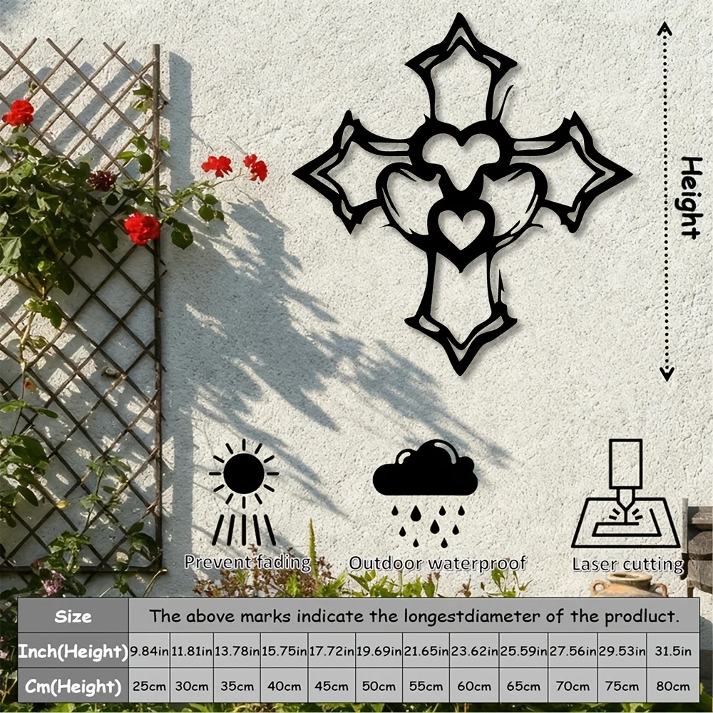 1 Stück 2D Flache Kreuz- und Herz-Metallwandkunst, Religiöse Eisendekoration für Wohnzimmer, Schlafzimmer, Büro, Kirche