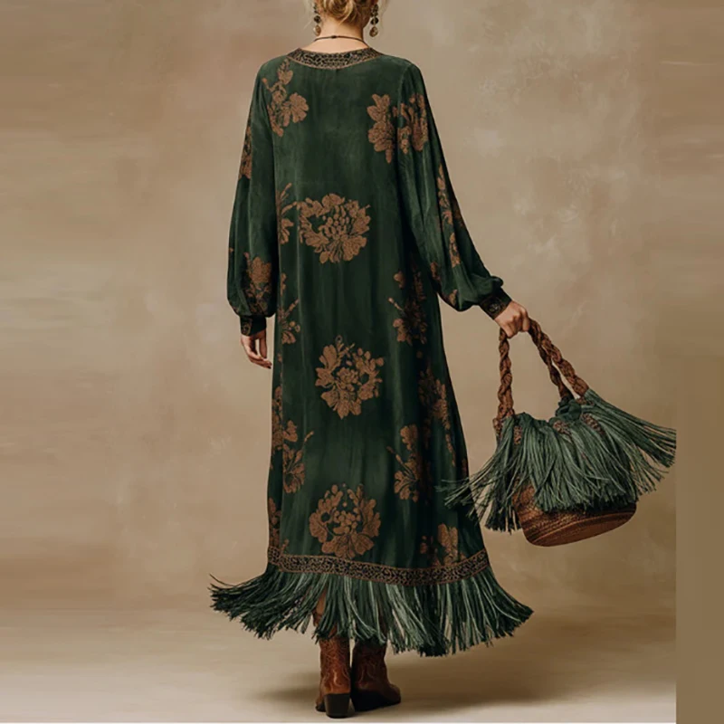 Green Pattern Printed Loose Fit Autumn Dress Tassel Patchwork V Neck Holiday Dress Women Fashion Long Sleeved Dresses Vestidos