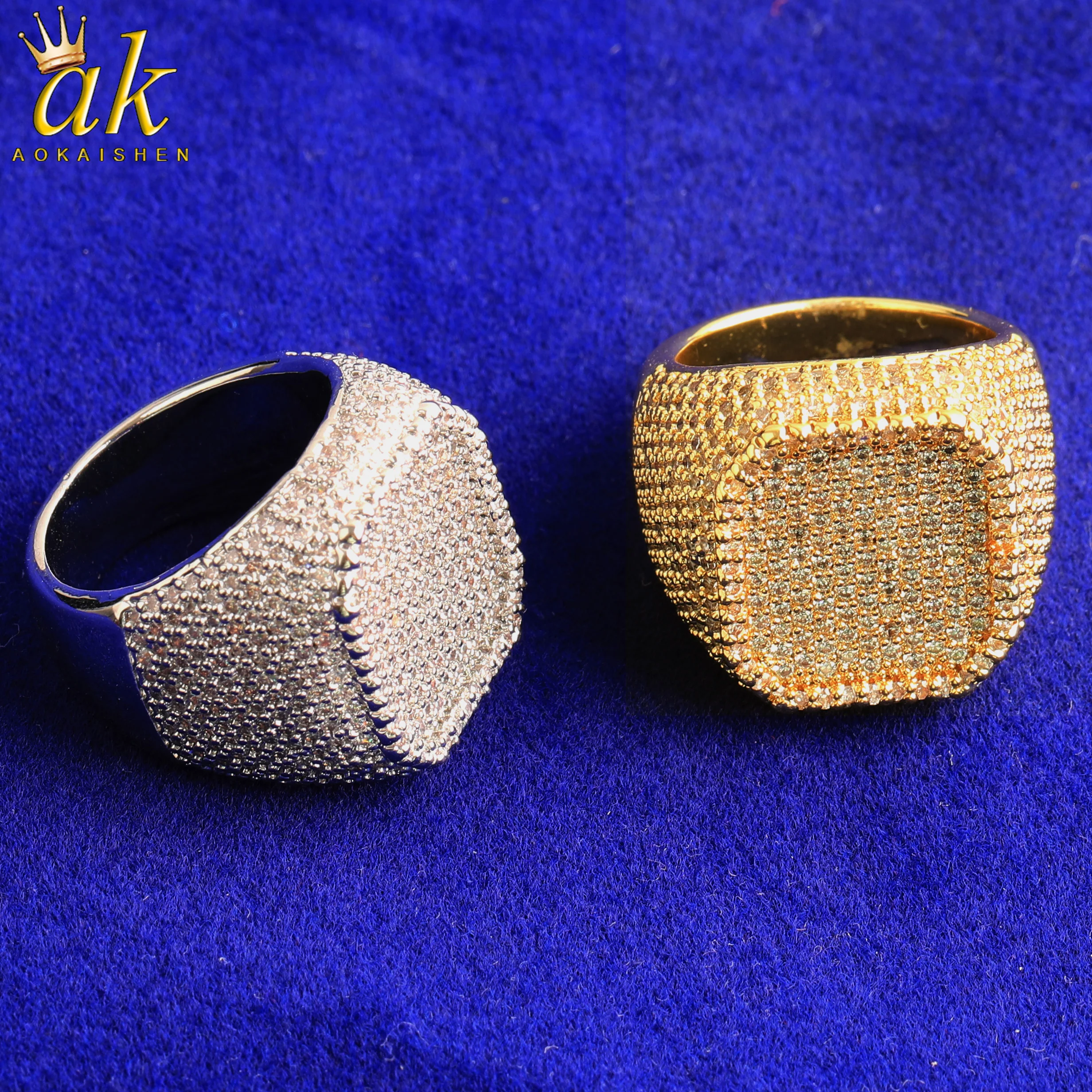 Aokaishen Iced Out Rings for Men Prong Setting Real Gold Plated Hip Hop Jewelry